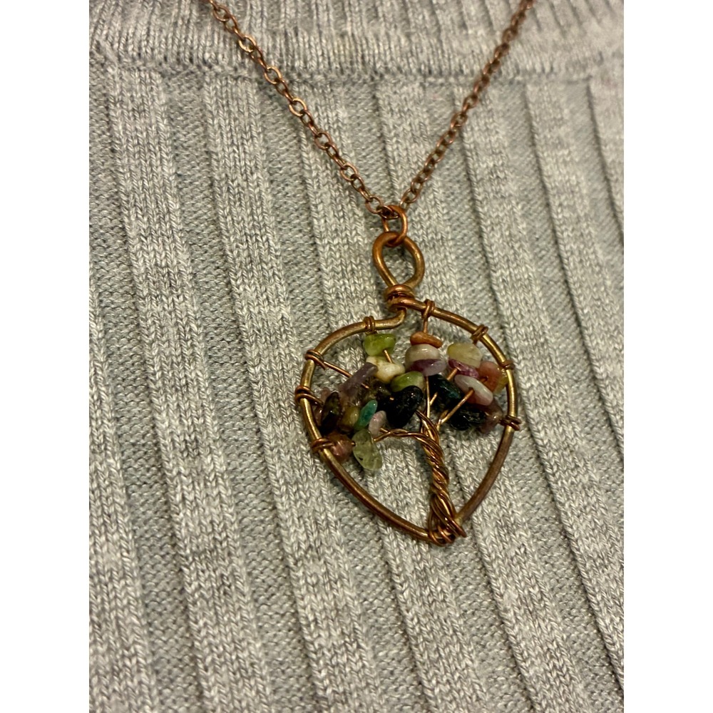 Tree of Life Necklace Copper Tons Wire Wrapped Heart Pendant Multi Stone Boho - Picture 4 of 6